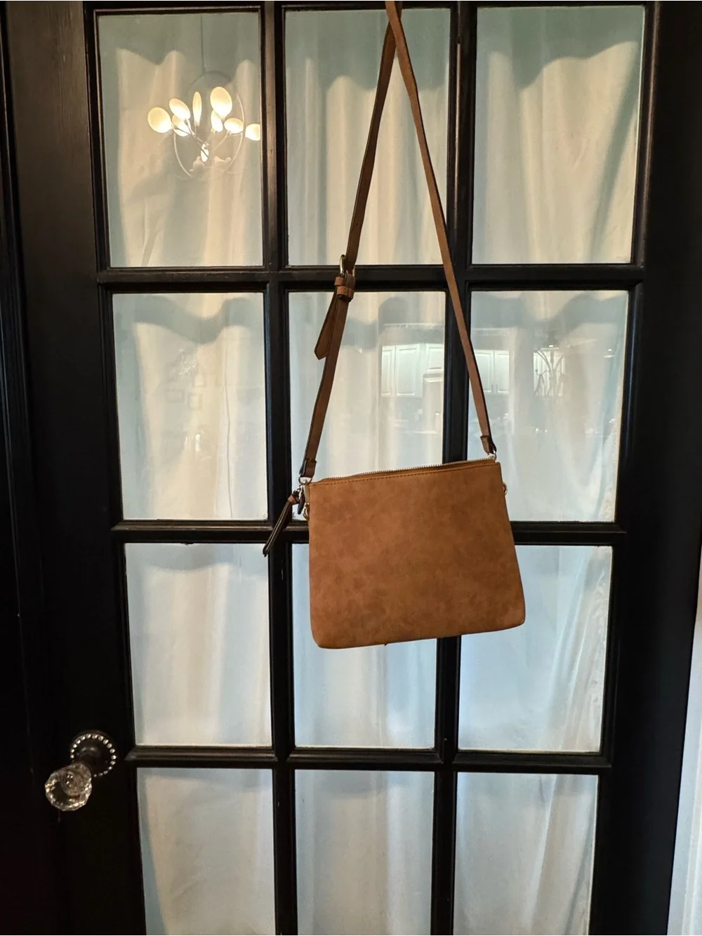 Tan Faux Leather Crossbody Bag with Laser-Cut Detail